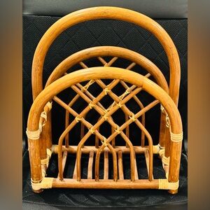 Rattan Magazine Rack Bamboo Wood Book Holder Boho Decor Vintage Mid Century